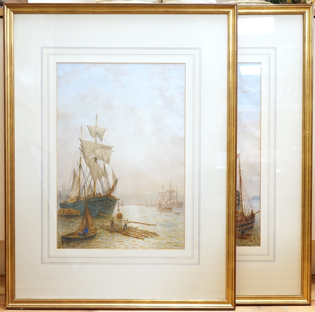 Bernard Benedict Hemy (1844-1910?), pair of watercolours, Frigates and fishing boats at anchor, each signed, 52 x 36cm